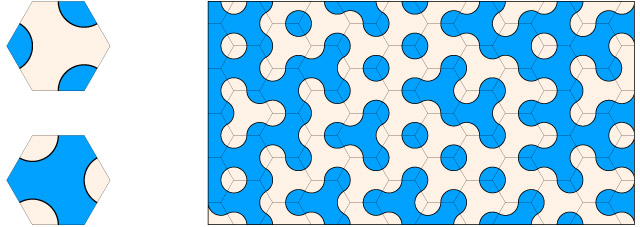 Two blue and cream hexagonal Truchet prototiles and a rectangular tiling assembled from them