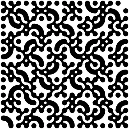 A black and white multiscale Truchet pattern by Christopher Carlson with nested curved domains at multiple square sizes