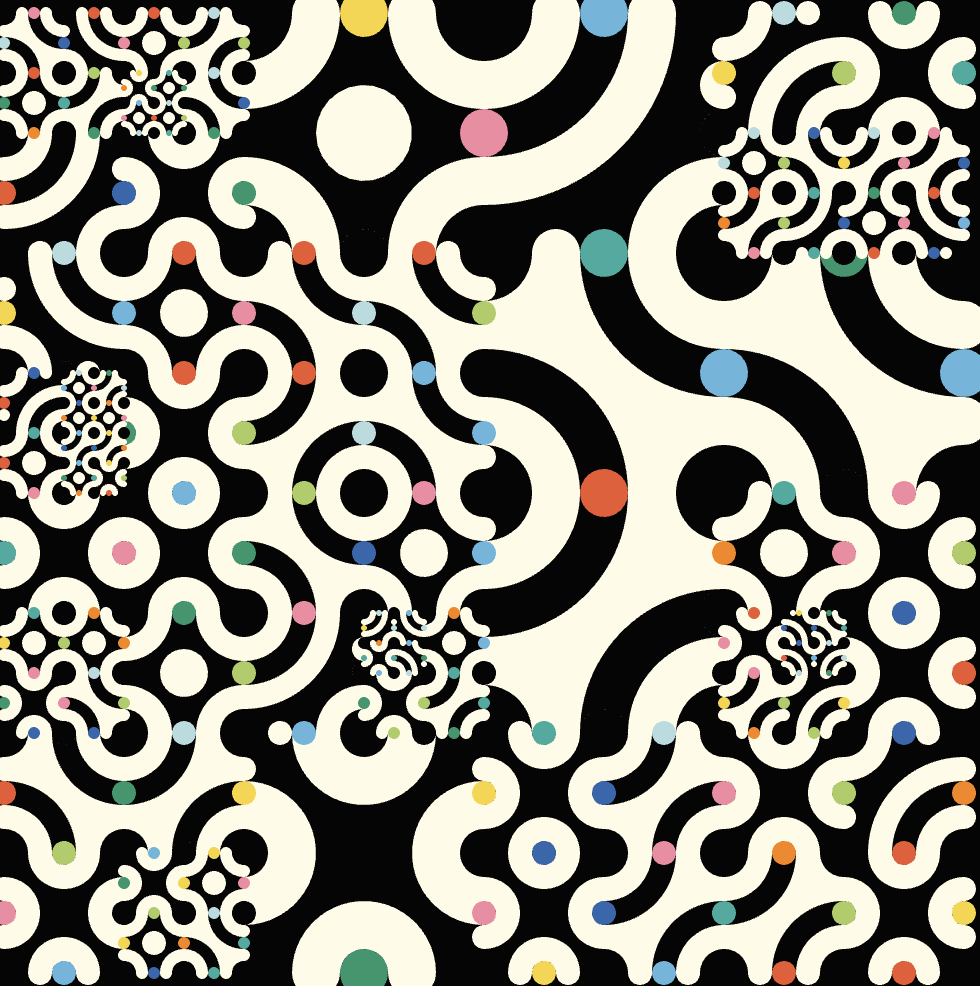 A colourful multiscale Truchet pattern with nested arcs and small coloured dots, generated in OpenProcessing