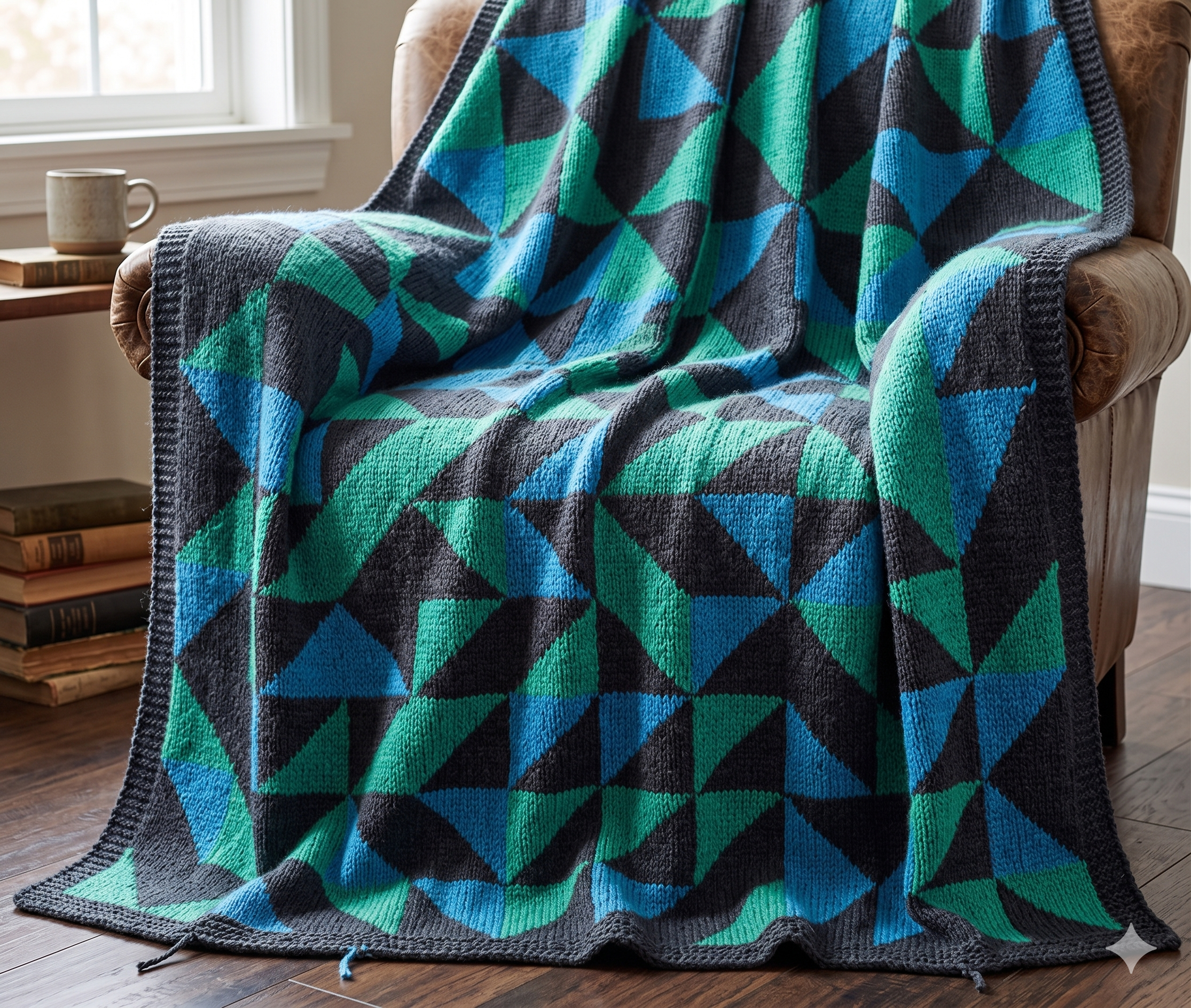 A knitted Truchet blanket with teal, blue, and charcoal half-square triangle blocks draped over an armchair
