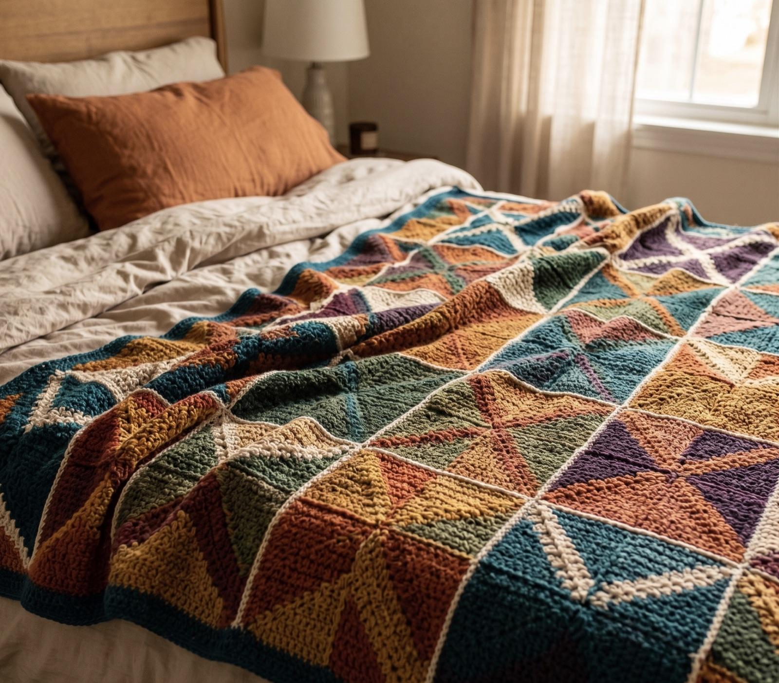 A multicolored crochet Truchet blanket spread across a bed