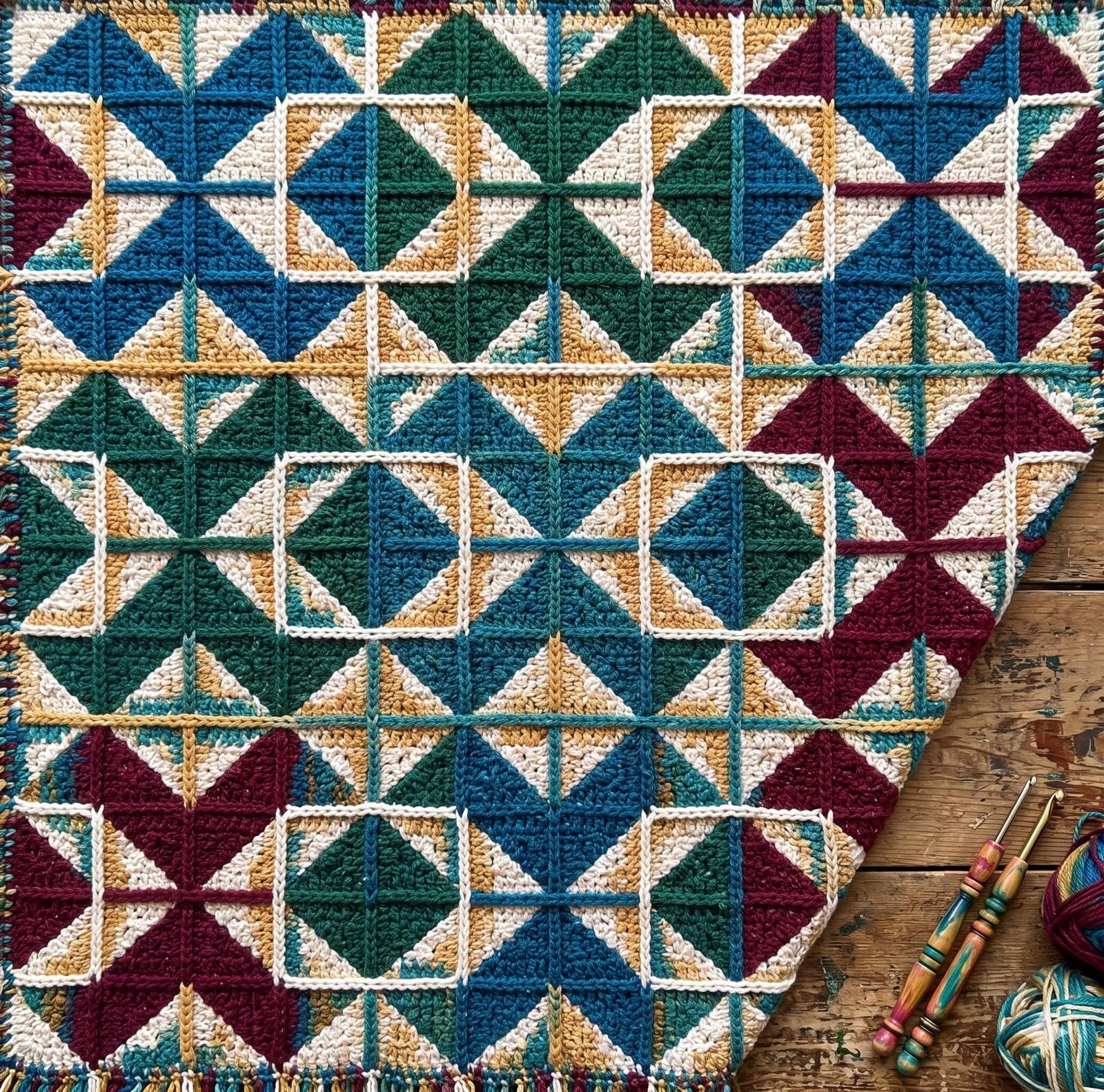 A close-up crochet Truchet blanket made of triangular blocks in teal, cream, gold, and burgundy